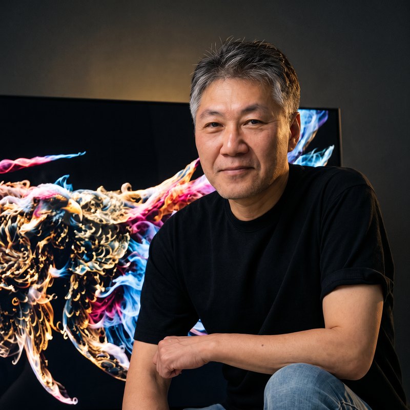 자신의 독수리 작품 앞에 앉은 미디어 아티스트 정영훈 작가 (AI로 연출한 장면)