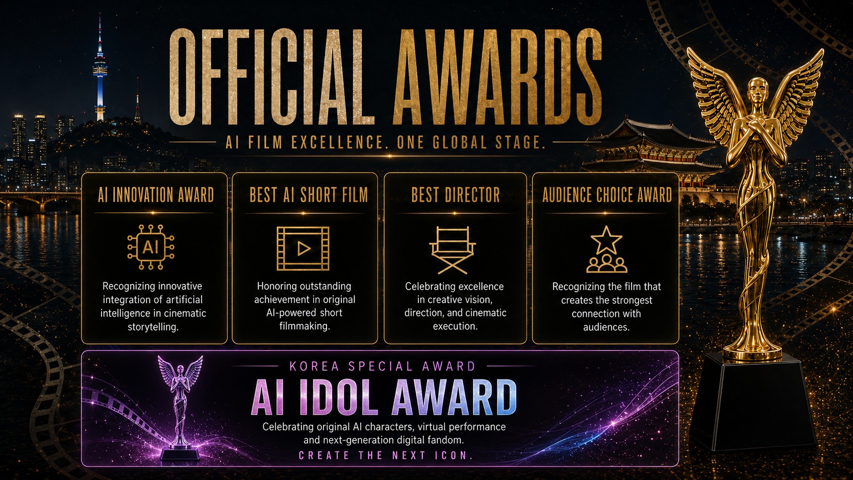 Official Awards — AI Innovation Award, Best AI Short Film, Best Director, Audience Choice Award, and the Korea Special Award: AI IDOL AWARD.