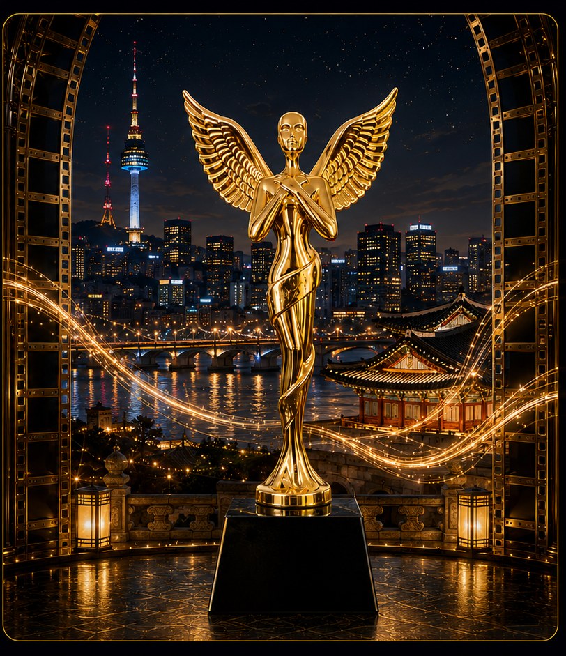 SVAIFF golden award trophy with the Seoul skyline