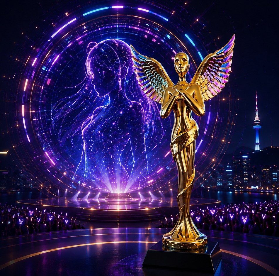 Global AI Idol Award trophy on a virtual concert stage in Seoul