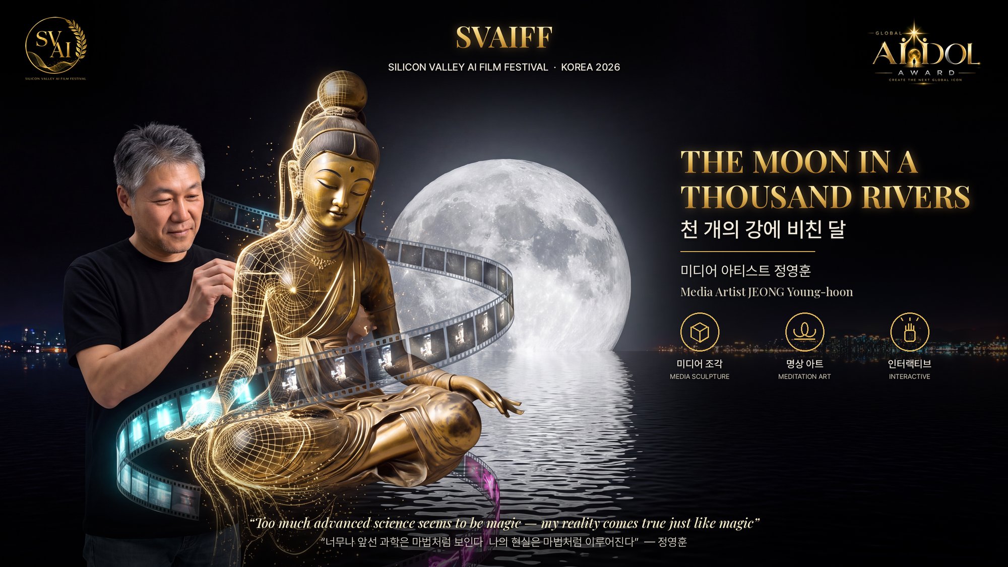 미디어 아티스트 정영훈 작가와 금빛 보살상 미디어 조각, 바다 위 보름달 · THE MOON IN A THOUSAND RIVERS