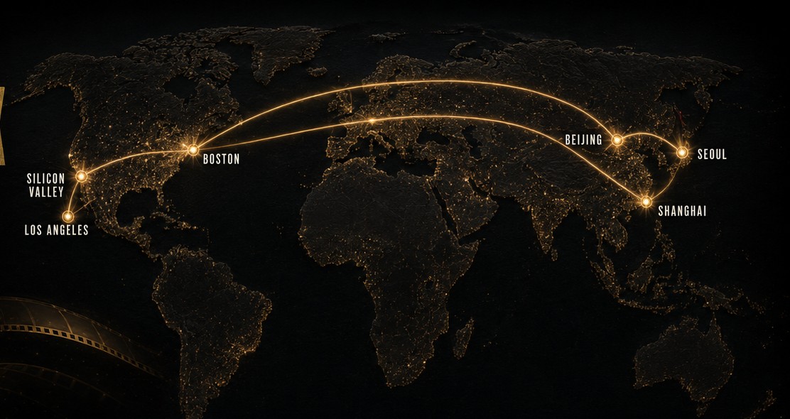 World map connecting Silicon Valley, Los Angeles, Boston, Seoul, Beijing and Shanghai