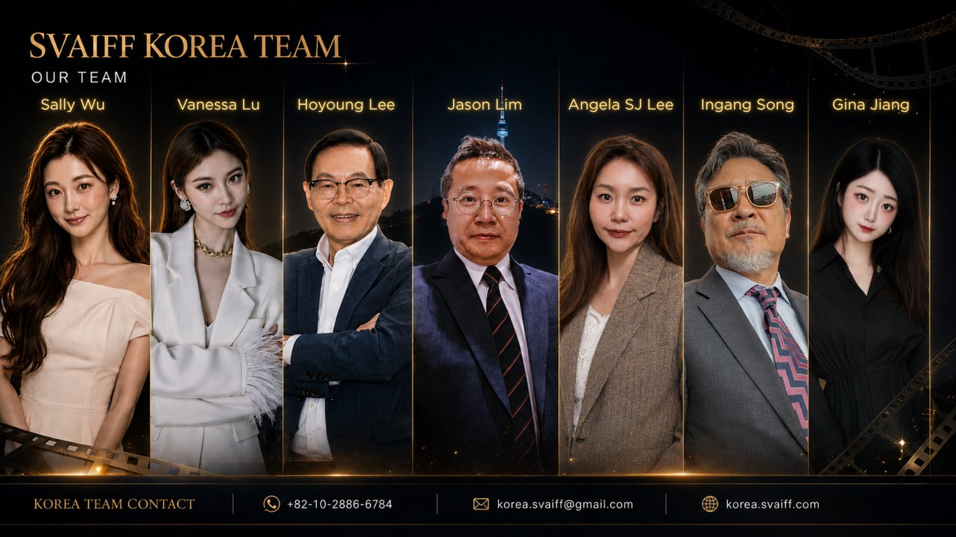 SVAIFF Korea team — Sally Wu, Vanessa Lu, Hoyoung Lee, Jason Lim, Angela SJ Lee, Ingang Song, Gina Jiang. Korea team contact: +82-10-2886-6784, korea.svaiff@gmail.com, korea.svaiff.com