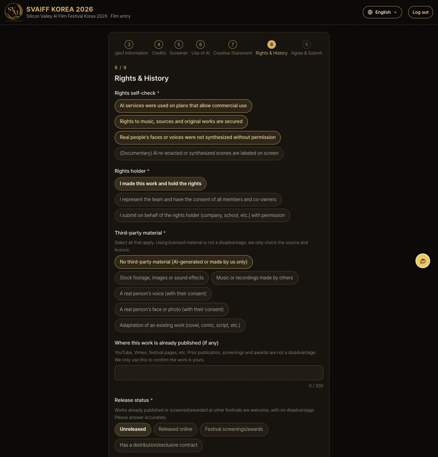 Desktop (1440 wide) · Step 8 · Rights & history